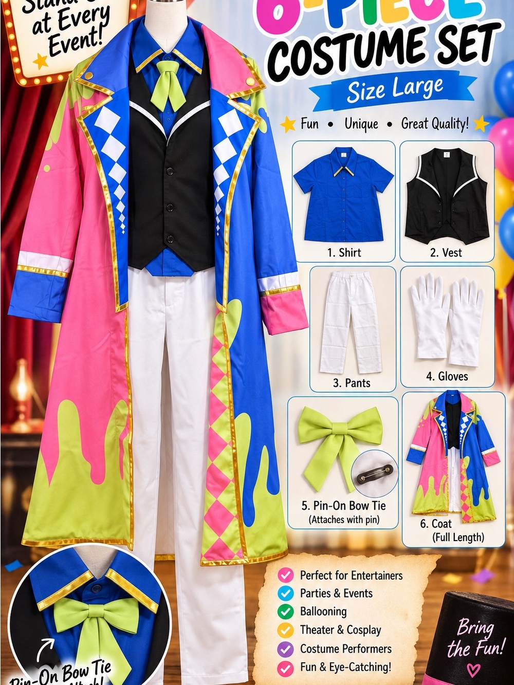 Unbranded Men’s Theater Costume Set — Blue, Pink & Lime Stage Coat Outfit